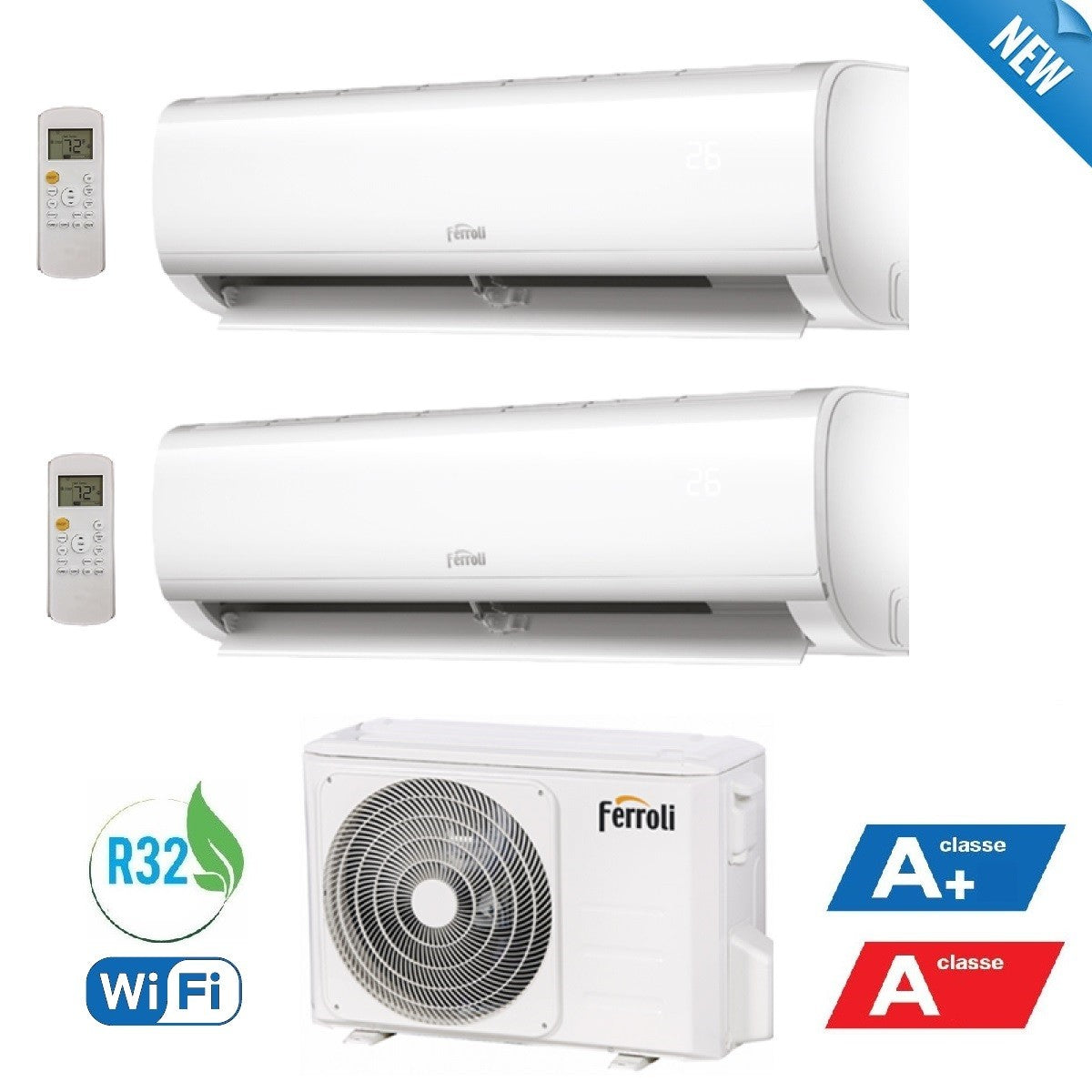 Condizionatore Climatizzatore Ferroli Dual Split Inverter Diamant M R32 Wi-Fi 7000+7000 Con 2CO9AA3F 14-2