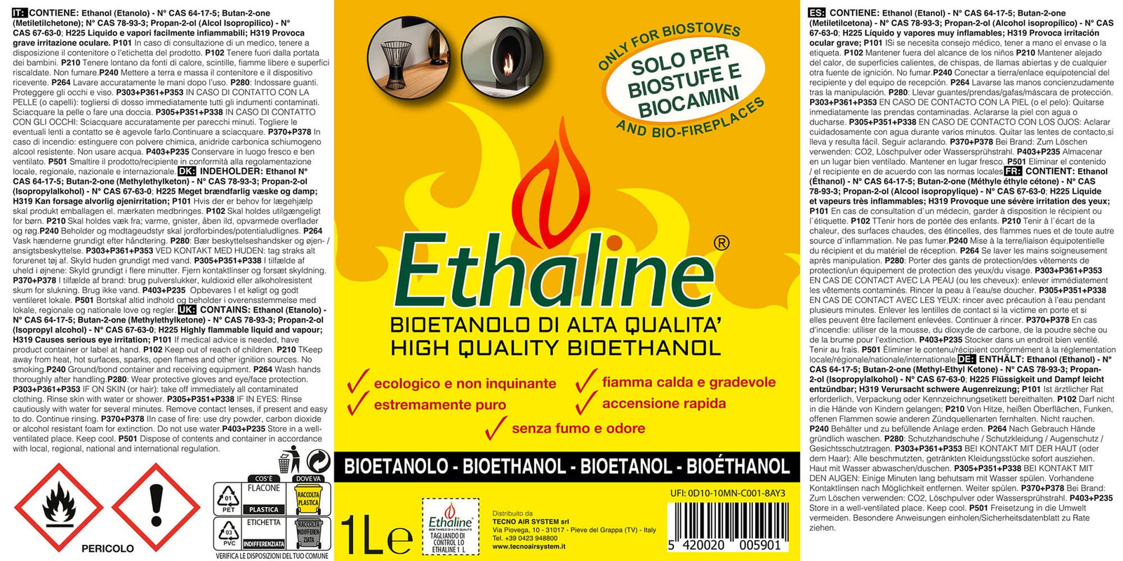 TECNOAIR SYSTEM Bioetanolo Ethaline Liquido Da 1 Lt - 12 Flaconi a Confezione