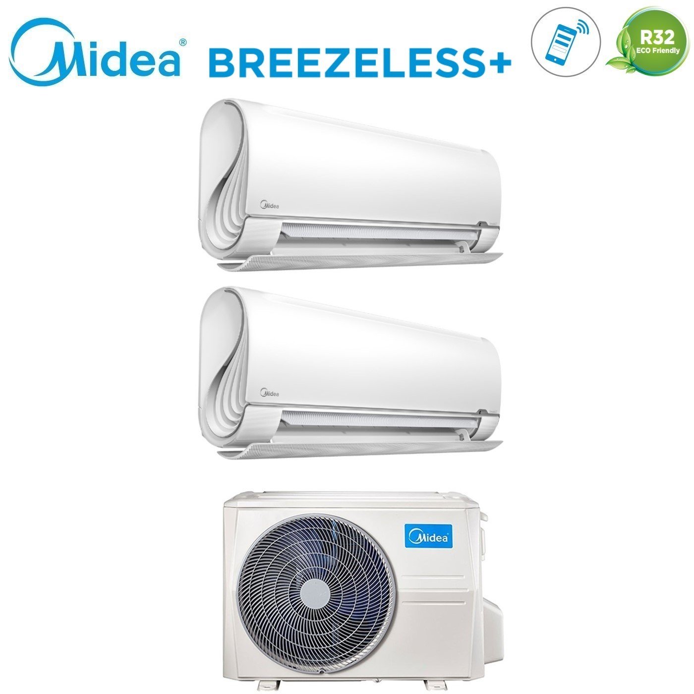 Condizionatore Climatizzatore Midea Dual Split Inverter Breezeless+ R32 Wi-Fi 9000+12000 Con M2OE-18HFN8-Q