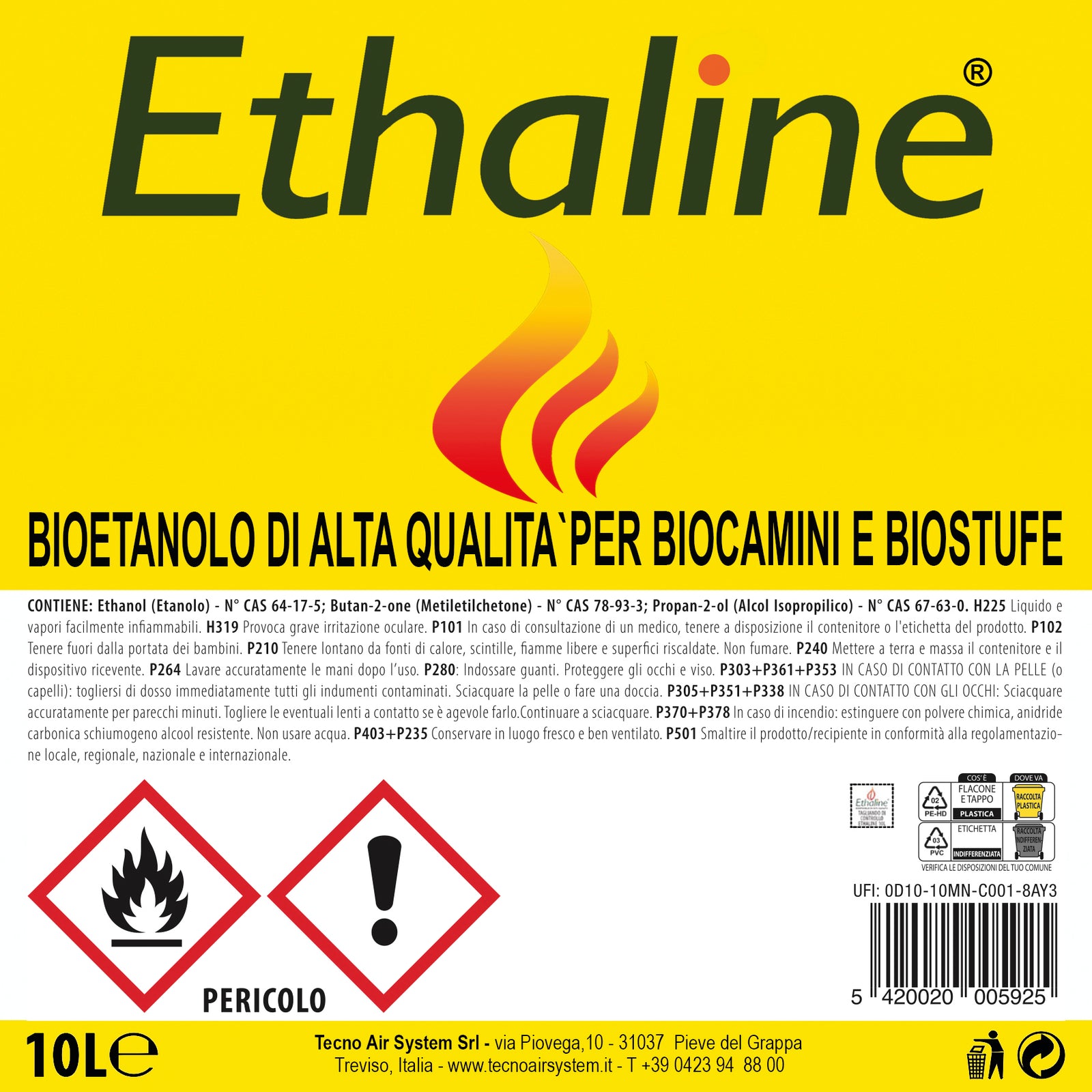 TECNOAIR SYSTEM Bioetanolo Ethaline Liquido Da 10 Lt - 2 Taniche a Confezione