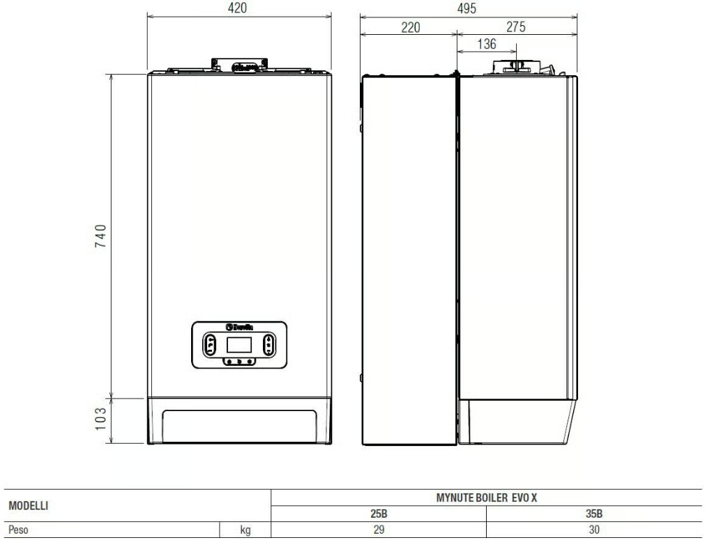 Caldaia a Condensazione Beretta Mynute Boiler Evo X 35 B 35 kW Con Accumulo 30 lt Senza Dosatore - Cod. 20225092 - Con Kit Fumi