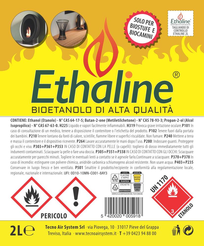 TECNOAIR SYSTEM Bioetanolo Ethaline Liquido Da 2 Lt - 6 Flaconi a Confezione